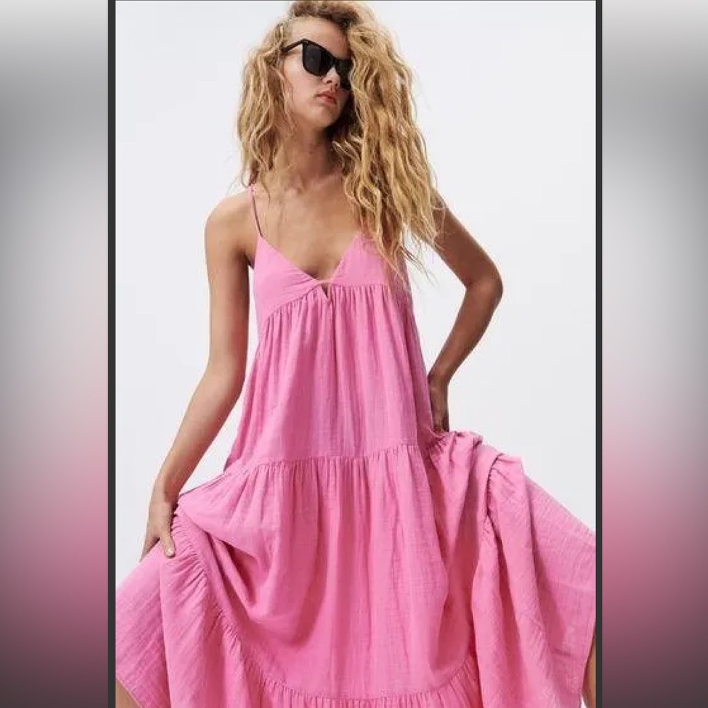 NWT ZARA cotton pink gauze tiered maxi dress S - Picture 2 of 7